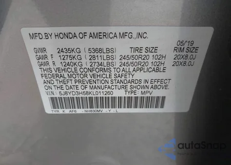 2019 Acura Mdx Tech Pkg z USA, uszkodzony, nr VIN 5J8YD3H58KL011260